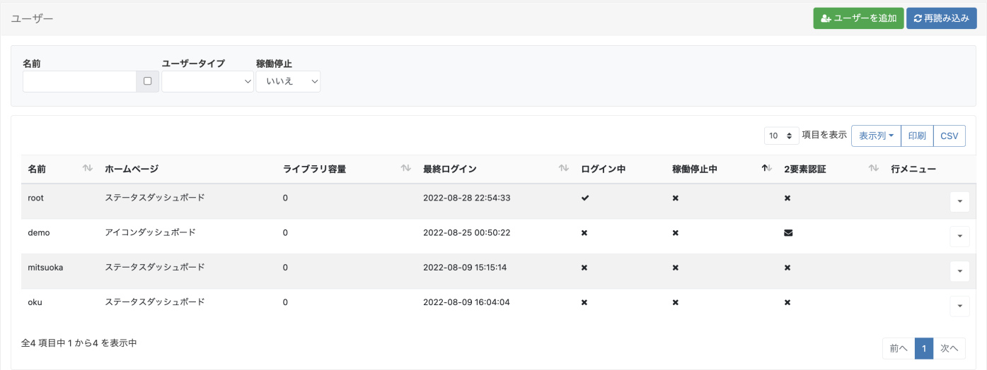 ユーザー管理グリッド